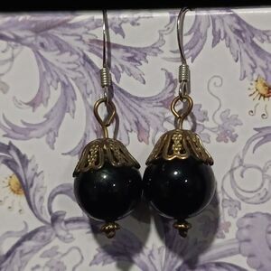 Vintage Gold-Toned Earrings w/ Black Bead